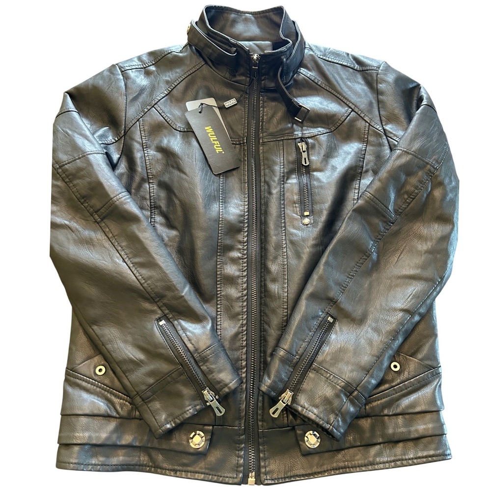 NWT WULFUL Mens Faux Leather Biker Jacket Black High Neck Fleece Lined Size S